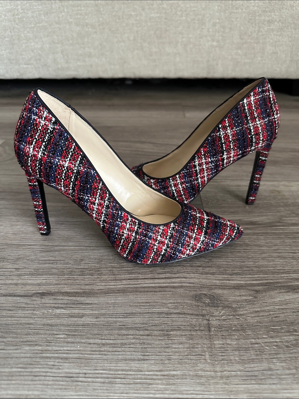 Nine West Tatiana Red & Navy Plaid Pointed-Toe Stiletto Heels
